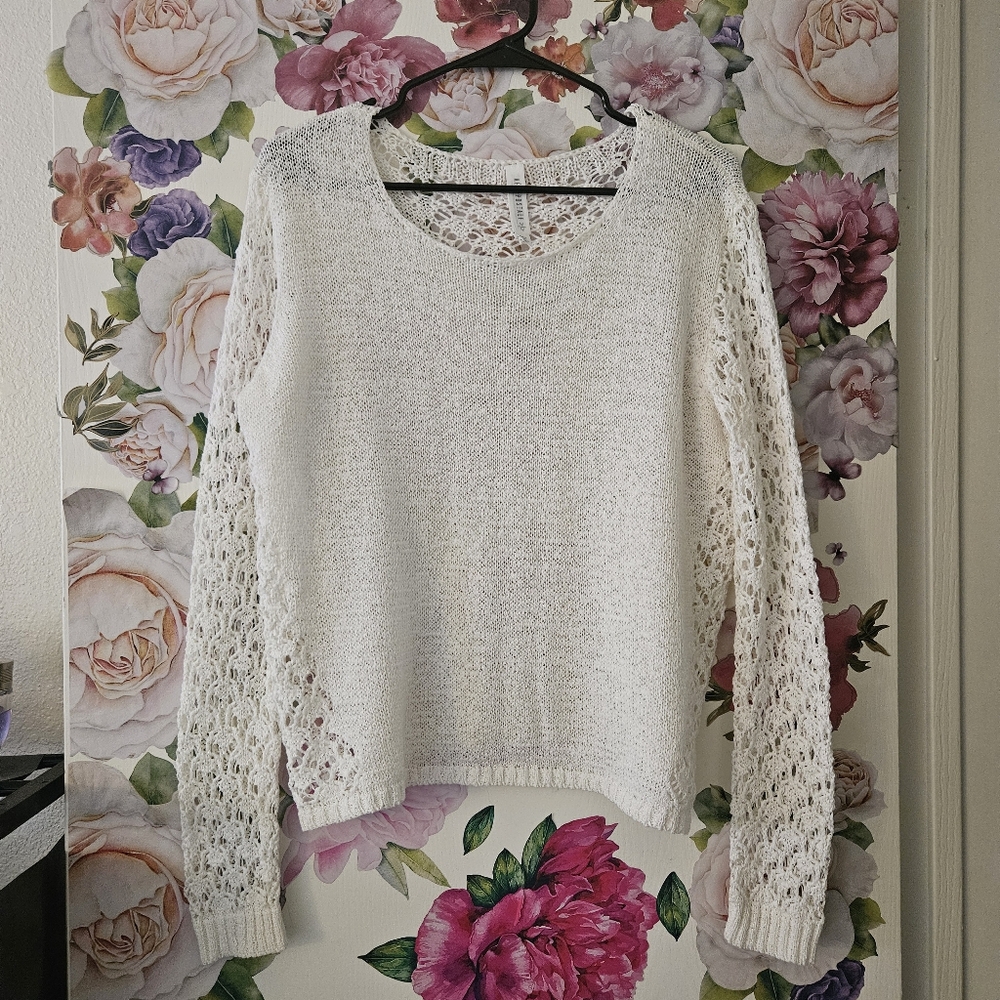 Cream Crochet Long Sleeve Sweater